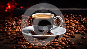 A photograph of espresso in a stylish cup highlighted against the background of dark coffee grain