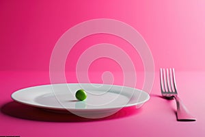 This photograph features an elegant and simple setup, with a solitary green pea as the focal point on a clean white photo