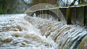 A photograph of a flood barrier with water gushing against it showcasing the effectiveness of flood protection measures