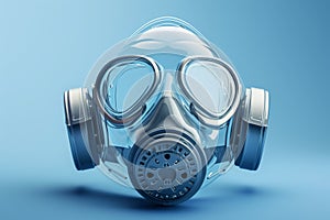 A photograph of a gas mask placed on a blue background, capturing the starkness of the protective gear, Detailed illustration of a