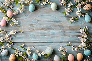 Photograph of green and blue Easter eggs and flowers on a wooden table