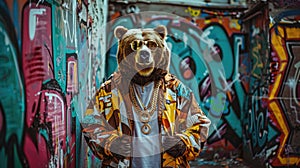 Photograph of a grizzly bear as a hip hop on graffiti street background.