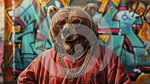 Photograph of a grizzly bear as a hip hop on graffiti street background.