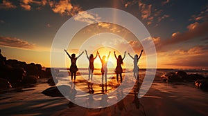 Photograph of group silhouette jumping up on the beach, golden hour, AI Generated