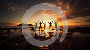 Photograph of group silhouette jumping up on the beach, golden hour, AI Generated