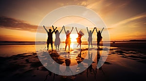 Photograph of group silhouette jumping up on the beach, golden hour, AI Generated