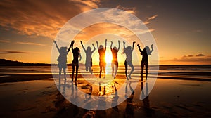 Photograph of group silhouette jumping up on the beach, golden hour, AI Generated