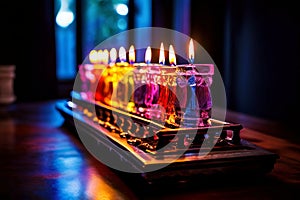 a photograph of a hanukkah menorah with edge lighting where the photo