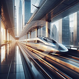A photograph of a high speed bullet train zooming through a mde