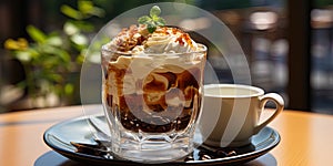 A photograph of an ice coffee in a transparent glass decorated with a whisk of whipped cream invit photo