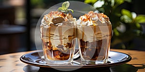 A photograph of an ice coffee in a transparent glass decorated with a whisk of whipped cream invit photo