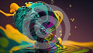 Photograph of an ink drop forming color bubbles underwater. Liquids mixing in dynamic flow forming round shapes with
