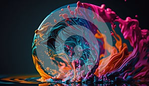 Photograph of an ink drop forming color bubbles underwater. Liquids mixing in dynamic flow forming round shapes with