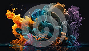 Photograph of an ink drop forming color bubbles underwater. Liquids mixing in dynamic flow forming round shapes with