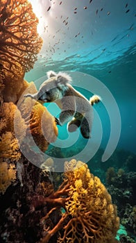 photograph of Koala is diving above a big coral reef serendipity generative AI photo