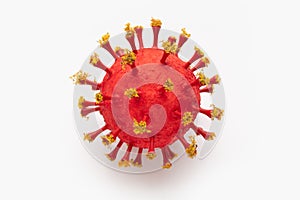 A photograph of a large red virus sculpture inspired by the Covid-19 lockdown of 2020