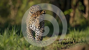 photograph of a leopard walking in grass forest