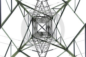 Photograph looking up internally through a large steel electrical transmission tower
