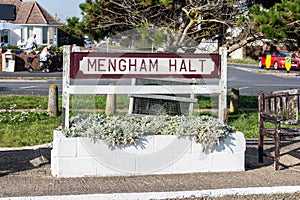 Photograph of the Mengham Halt sign on the light-railway line in Hayling Island England