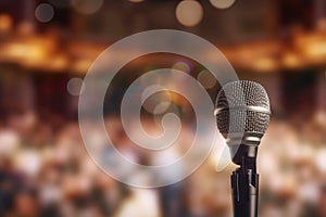 A photograph with the microphone in focus above the lecture hall lectern. Generative AI