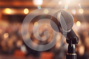 A photograph with the microphone in focus above the lecture hall lectern. Generative AI