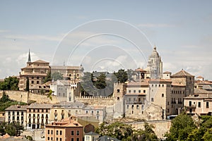 Photograph of monumental Segovia. Cathedral, aqueduct and historical center.