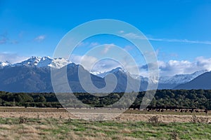 Photograph of the mountain range view while driving from Te Anau to Manapouri in New Zealand