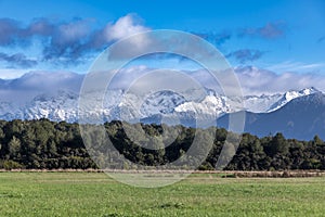 Photograph of the mountain range view while driving from Te Anau to Manapouri in New Zealand