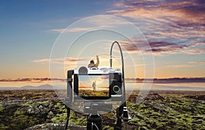 Photograph a natural landscape in sunrise, with blurred defocus backgrounds