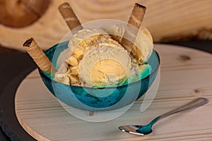 Cup of cream ice cream with wafer cannoli photo