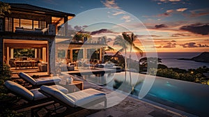 Photograph an opulent villa escape: infinity pool vistas, panoramic landscapes, lavish interiors, elite amenities, secluded