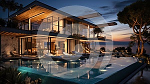 Photograph an opulent villa escape: infinity pool vistas, panoramic landscapes, lavish interiors, elite amenities, secluded