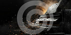 photograph of piano destruction oon black background