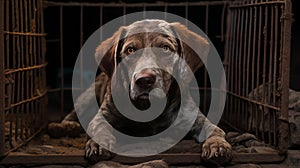 Photograph of poor abandoned dog in an old cage. Behind rusty bars.