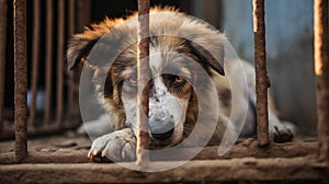 Photograph of poor abandoned dog in an old cage. Behind rusty bars.