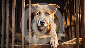 Photograph of poor abandoned dog in an old cage. Behind rusty bars.