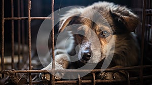 Photograph of poor abandoned dog in an old cage. Behind rusty bars.