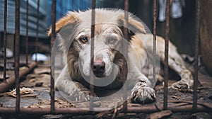 Photograph of poor abandoned dog in an old cage. Behind rusty bars.