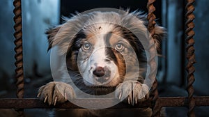 Photograph of poor abandoned dog in an old cage. Behind rusty bars.