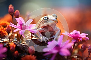 photograph of purple flowers with a small frog