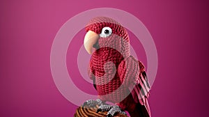 Maroon Knitted Parrot Toy With Pink Background photo