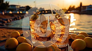 A photograph of refreshing lemonade with ice cubes, against the background of summer sunset, invit photo