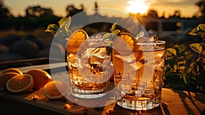 A photograph of refreshing lemonade with ice cubes, against the background of summer sunset, invit photo