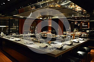 A photograph of a restaurant showcasing a long table filled with plates, A lavish Michelin star restaurant kitchen, devoid of