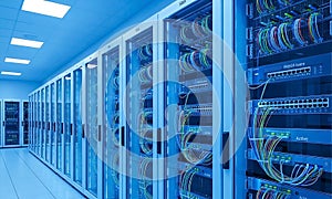 Inside a Modern Data Center Servers Racks and Cables in a Clean Futuristic Interior Setting with Blue Toned Lighting