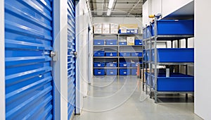 Photograph showcasing clean and professional blue white selfstorage facility with blue doors