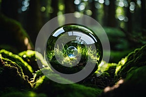 A Photograph showcasing a crystal globe nestled amidst lush green moss