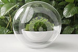 A photograph showcasing green plant stems preserved in a glass container, representing the idea of environmental preservation and