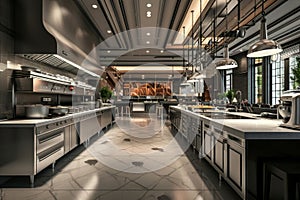 A photograph showcasing a large kitchen with generous countertop area, perfect for cooking and food preparation, 3D render of a