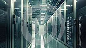 A photograph showcasing neatly arranged rows of high-tech servers in a modern and efficient data center, Minimalist data center